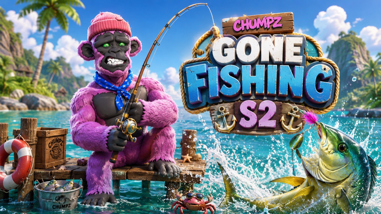Chumpz Gone Fishing S2 key art — a Chumpz ape fishing on a dock beside the Gone Fishing S2 logo