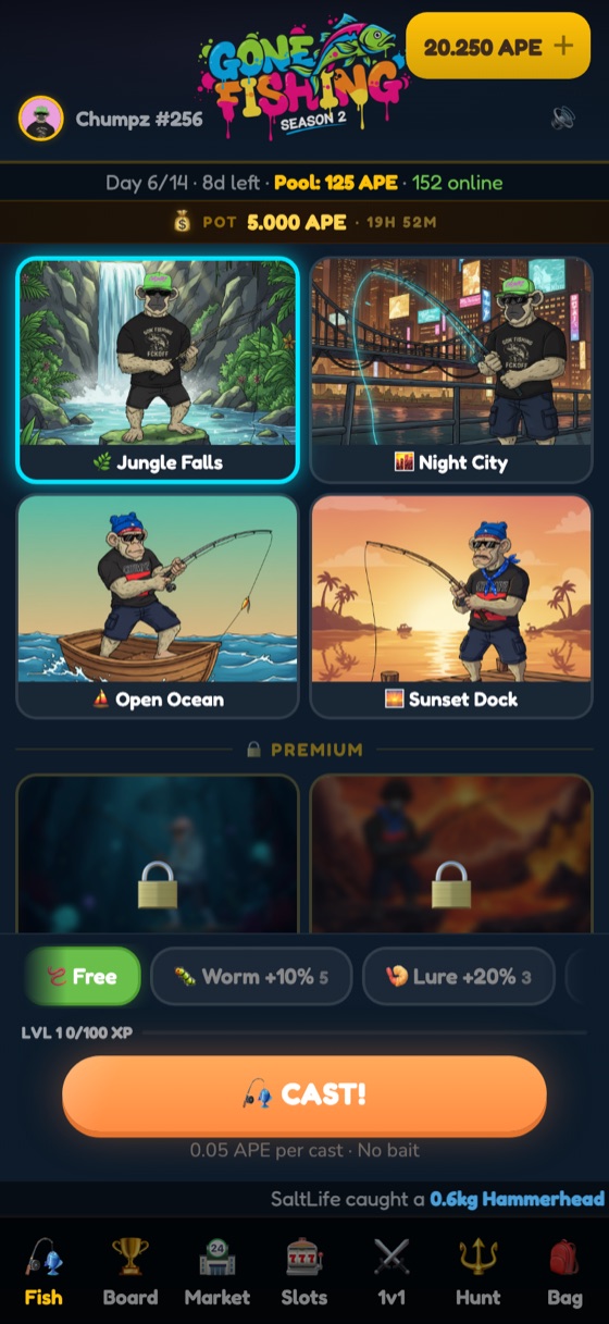 Gone Fishing S2 cast screen — fishing spots, bait picker and CAST button