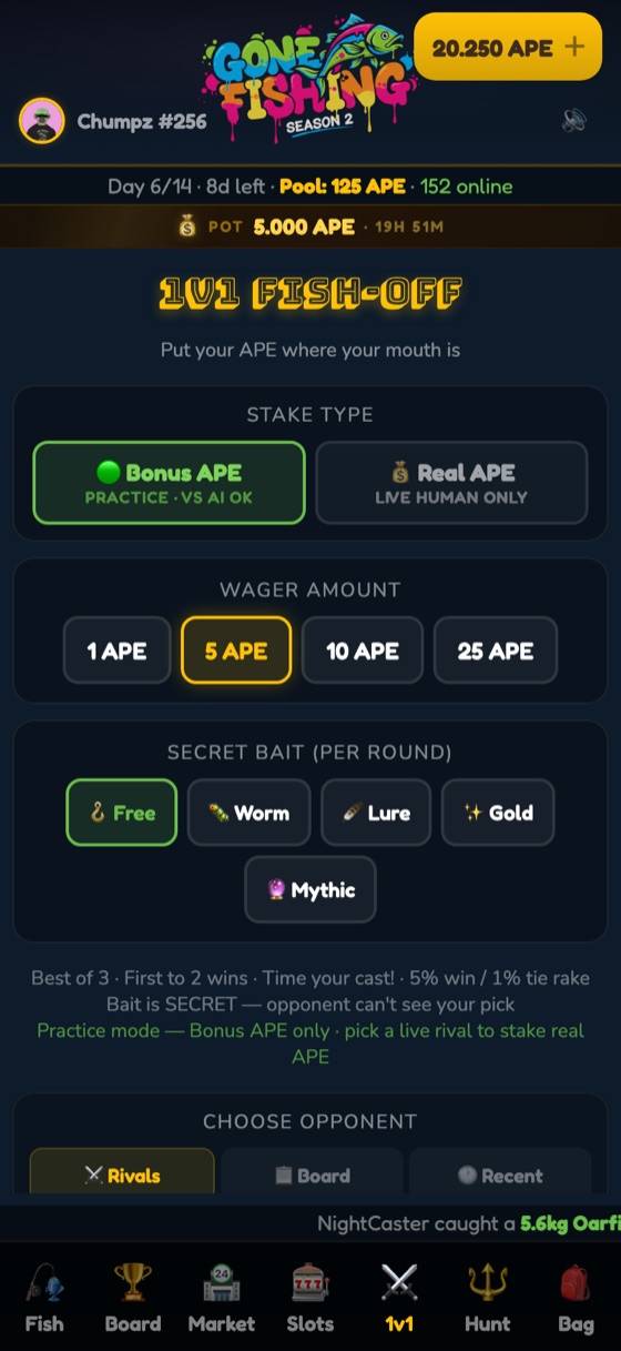 1v1 Duel screen — wager and secret bait picker